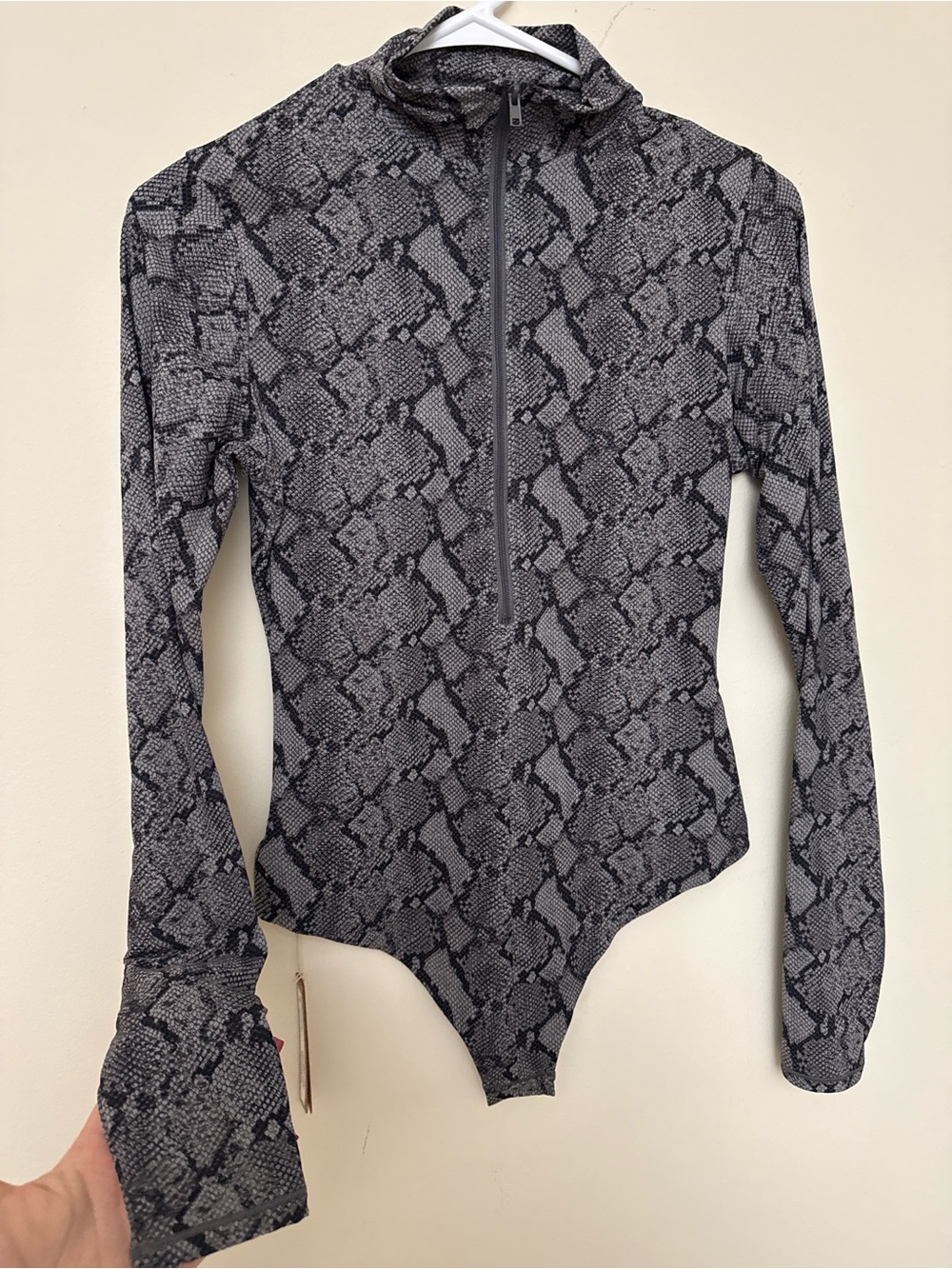 SKIMS Long Sleeve Zip-Front Bodysuit in Gray Snake Print